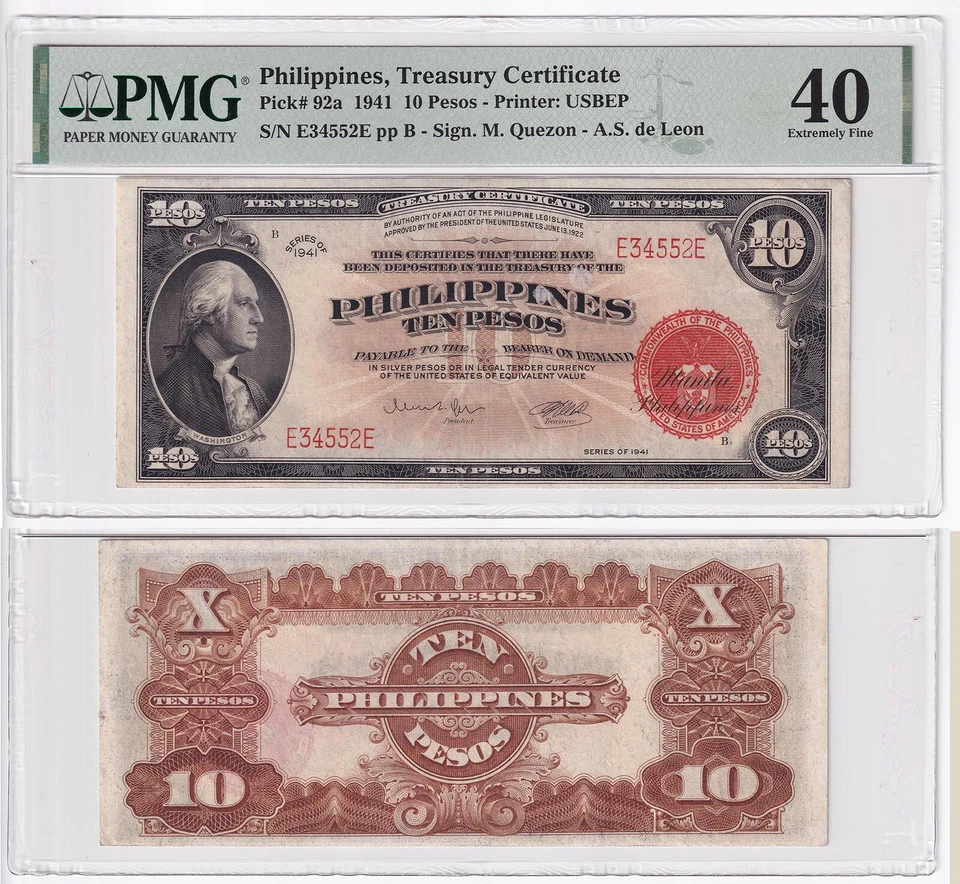 1941, 10 Pesos Treasury Cert. US Philippines P-92a Banknote PMG 40 EF - Image 4 of 4
