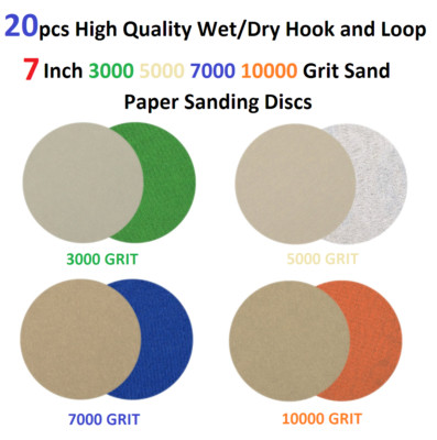 20pcs Hook and Loop 7 Inch 3000 5000 7000 10000 Grit Sand Paper Sanding Discs