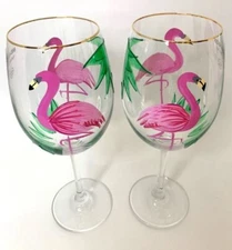Flamingo Coastal Wine Glass Hand Painted Stem Goblet Set of 2 with Gold Rim New