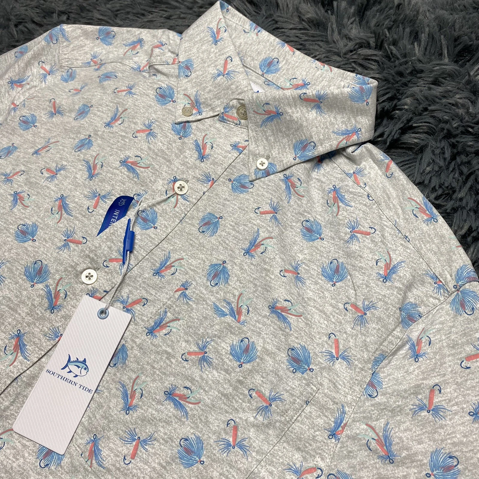 Southern Tide Mens Gray Fly Fishing Pattern Short Sleeve Button Up Shirt Sz S
