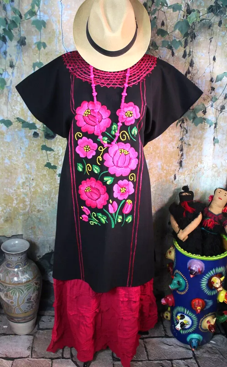 Tehuana Huipil Kaftan Pink & Black Hand & Machine Embroidered Mexico Frida  Style