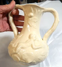 Antique Maruhon Ware Vase Japan Handled Cherub Oaks Water Lily Pads 7" 1920-1945