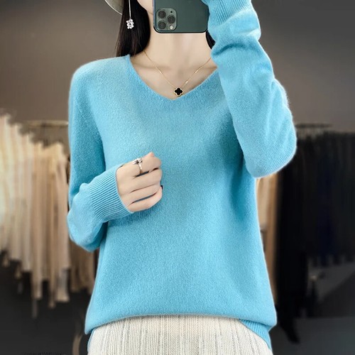 Maglione donna scollo a V basic pullover abbigliamento manica lunga maglia morbida top - Foto 22 di 41