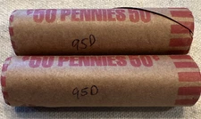 Two 1995 D Bank Shotgun Wrapped Lincoln Cent Rolls Uncirculated