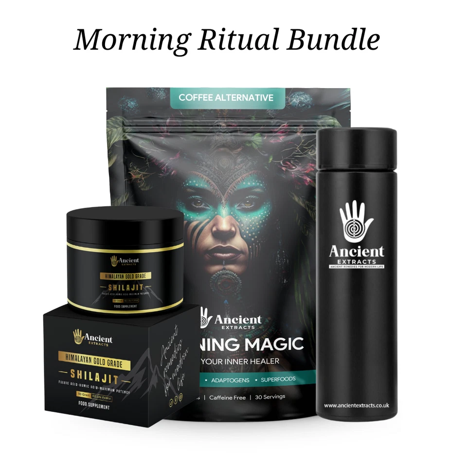 ANCIENT EXTRACTS Pure Himalayan Shilajit Resin, Mushroom Coffee with Lions mane and Smart Flask