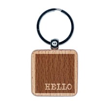 Hello Reversed Text in Box Engraved Wood Square Keychain Tag Charm