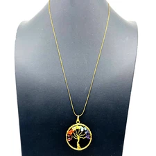 Tree of Life Pendant Necklace Rainbow Chip Beads Gold Tone Nature Botanical