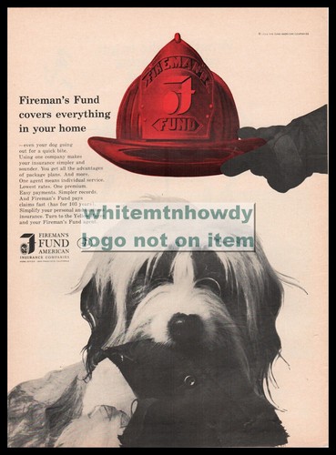 1961 BEARDED COLLIE under Firefighter's Helmet Fireman's Fund Insurance PRINT AD