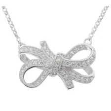 Round Simulated Diamond Bow Design 18" Necklace Sterling Silver 925