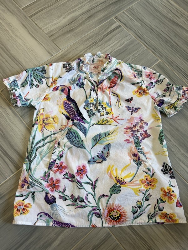 BANJANAN Floral Bird Tropical Print Cotton Blouse Sz S $260