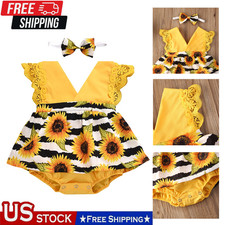 Toddlers Infant Baby Girls Outfits Floral Romper Headband Jumpsuit Clothing Set