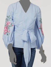 Inc International Concepts Women Blue Embroidered Striped Blouse Size M