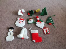Handmade Holiday Christmas Ornaments Set 11 Needlepoint Santa trees Bell Stockin