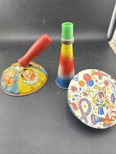 Lot of 3 Vintage Tin Litho New Year Noisemakers Noise Maker US Metal Toy USA