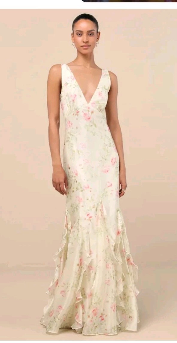 Lulu's Deluca Cream Floral Sleeveless Ruffled Maxi Dress Size XL