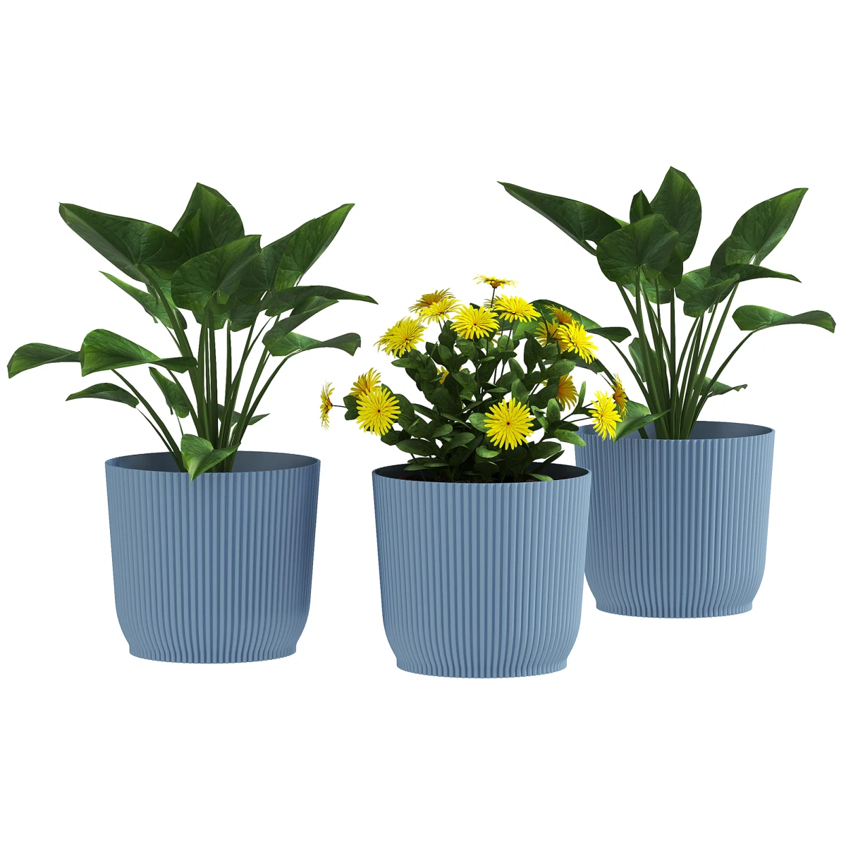 Plant Pots 3pc Blue PP 22x20cm Stackable Round Outdoor Indoor Garden Textured5kg