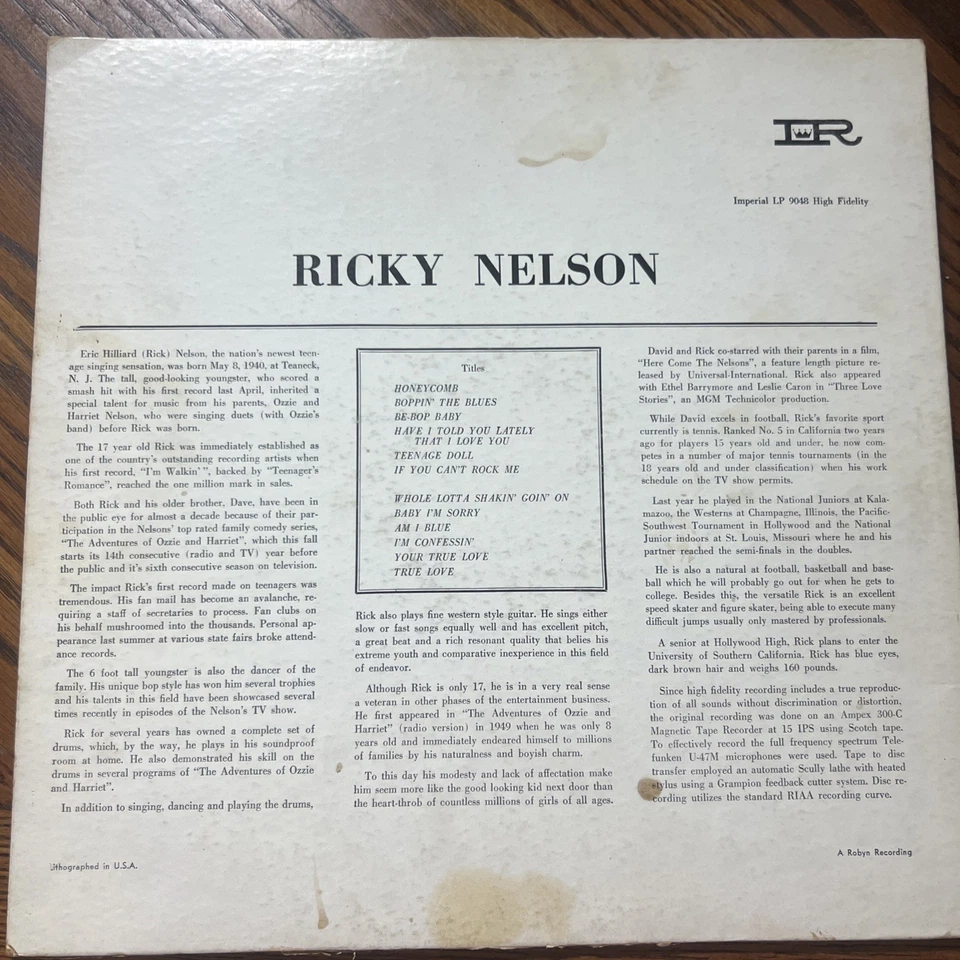 Ricky Nelson Ricky Vinyl LP Imperial LP 9048 Mono 1st Pressing Honeycomb 1957 - Image 2 of 4