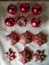 New Lot Of 12 Hot Pink W Glitter  Christmas Assorted Ornaments. #H. AL#4