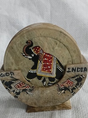 6x Elefant Untersetzer & Halter geschnitzter Speckstein handbemalt Goa Indien