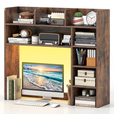 5-Tier Desktop Shelf with RGB Light Strip,35.5'' Desktop Bookshelf with 3 Shelves