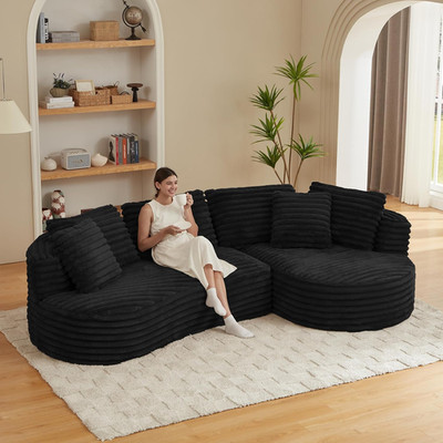 Luxury Curved L-Shape Sofa with Right Chaise, No Assembly, Black