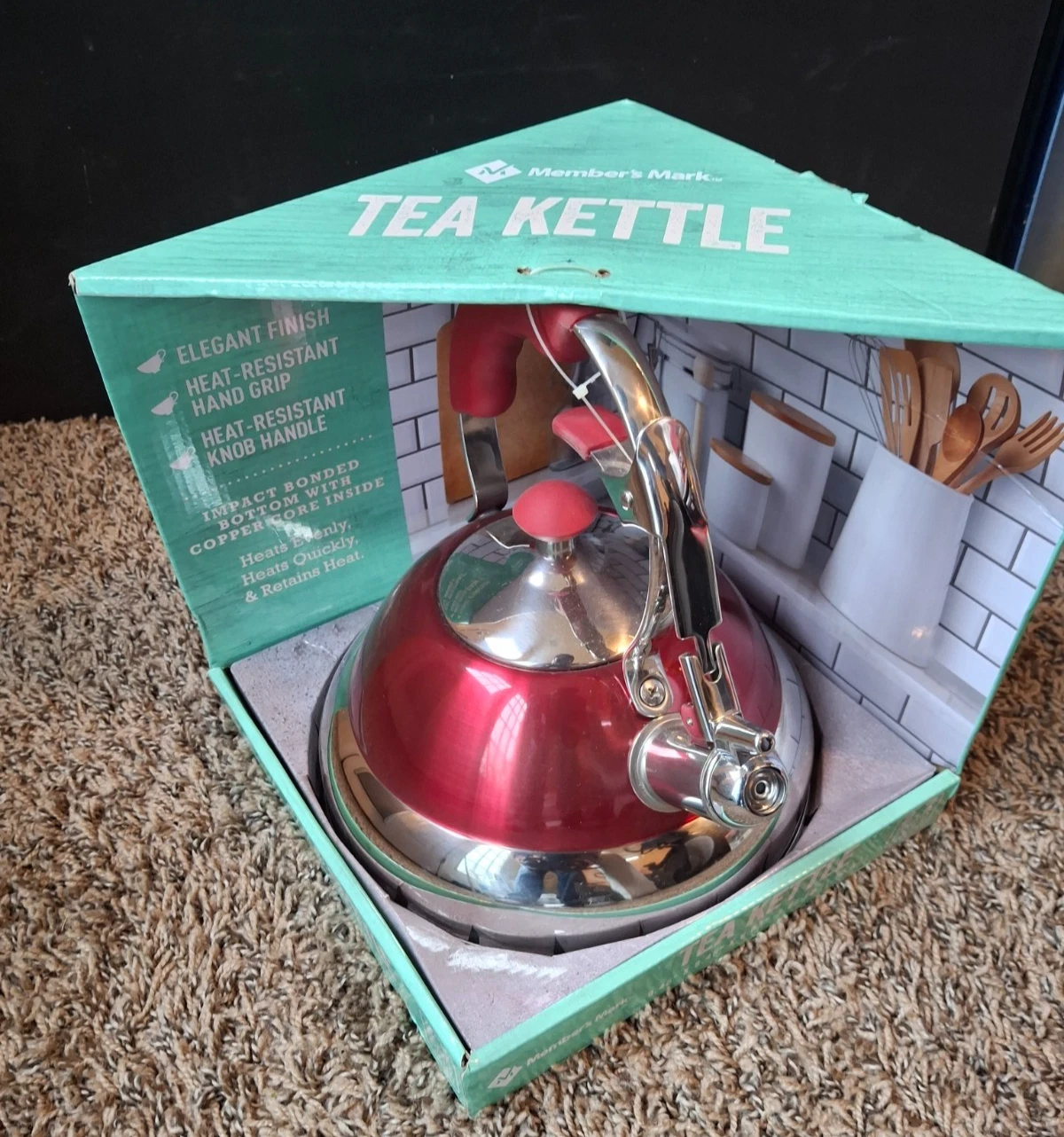 NEW! Member's Mark 2.7 Qt Red Tea Kettle. Full Size, Stainless Steel, Whistling.