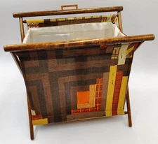 Vtg MCM Knitting Sewing Magazine Craft Yarn Caddy Basket Bag Folding Wood Frame