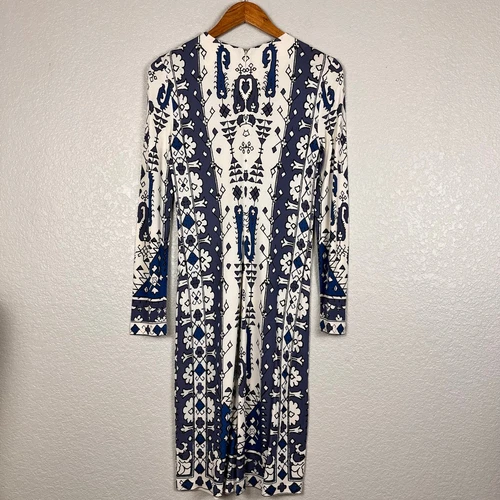 Abito Tory Burch donna taglia XS blu stampato maglia opaca lunghezza ginocchio tubino