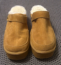 Joyspun Women's Tan Suede Platform Mule Slippers Faux Fur Lined Size 8