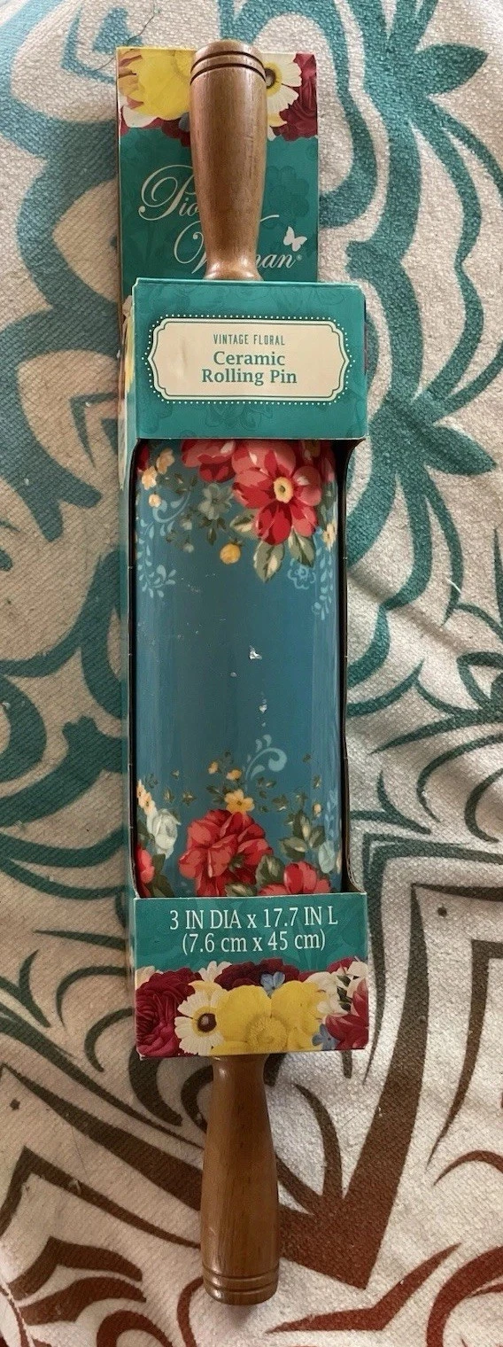 Pioneer Woman Vintage Floral Ceramic Rolling Pin with Acacia Wood Handles New