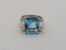 Emerald Cut Light Blue Stone w/Clear Accents 5.3g Sterling Silver Size 5 Ring