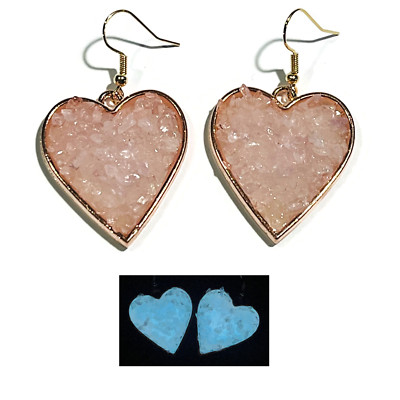 Crushed Rose Quartz Gemstone Glow in the Dark Heart Earrings