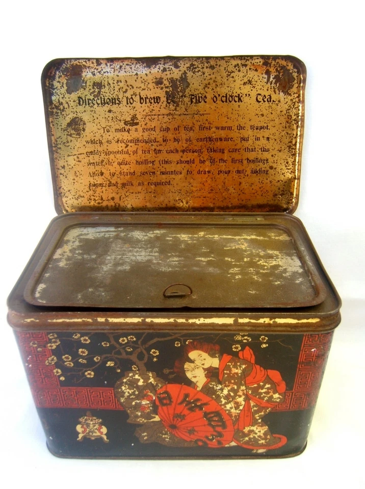 ancienne boîte à thé anglaise en tôle à décor japonais JAPON indian ceylon - Photo 2/4