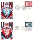 UN FDC 1956 - Flame and Globe Human Rights, Scott # 47 & 48 2 FDCs Ken Boll