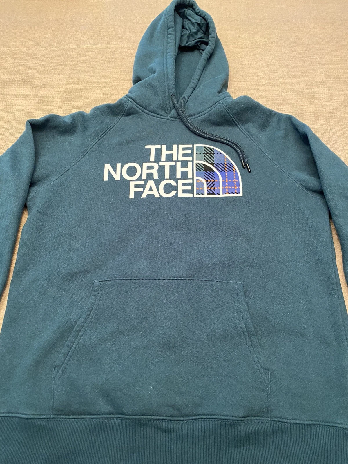 Vintage THE NORTH FACE Womens Hoodie Large Sweatshirt Pullover Teal W Plaid Logo