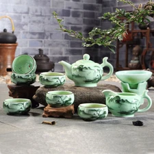 longquan celadon kungfu tea set handpainted underglaze tea pot fish carved cups
