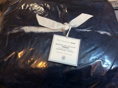 Pottery Barn Teen Faux Mongolian Fur Throw 45x60 NWT! Faded Navy Blue