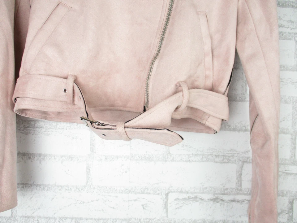 Jag S 10 Mujer Rosa Sólido Chaqueta Abrigo Estilo Motociclista Gamuza Cremallera Expuesta Foto 3 de 4