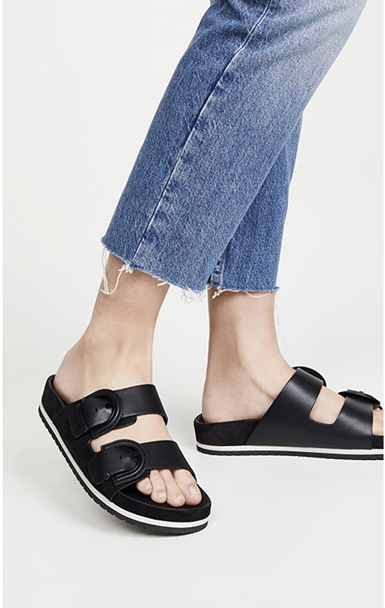 Vince Glyn Slide Sandal Leather Double Buckle Strap Black Size 8.5 M $250 |  eBay
