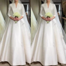 Simple Satin Wedding Dresses V Neck Long Sleeves A Line White/Ivory Bridal Gown