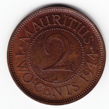 MAURITIUS 2 Cent 1944 - SA KM22 BR TOP GRADE wunderbare Tönung geprägt 500.000 RAR