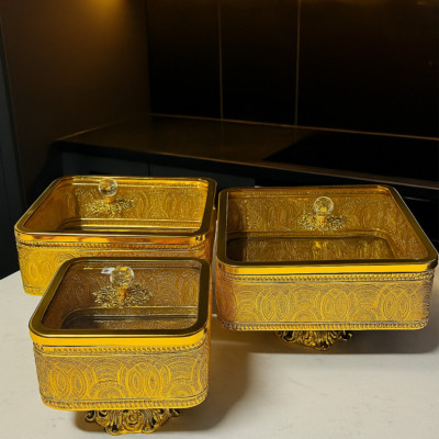 3-piece gold candy/nut box set with a clear lid, filigree-style gold design
