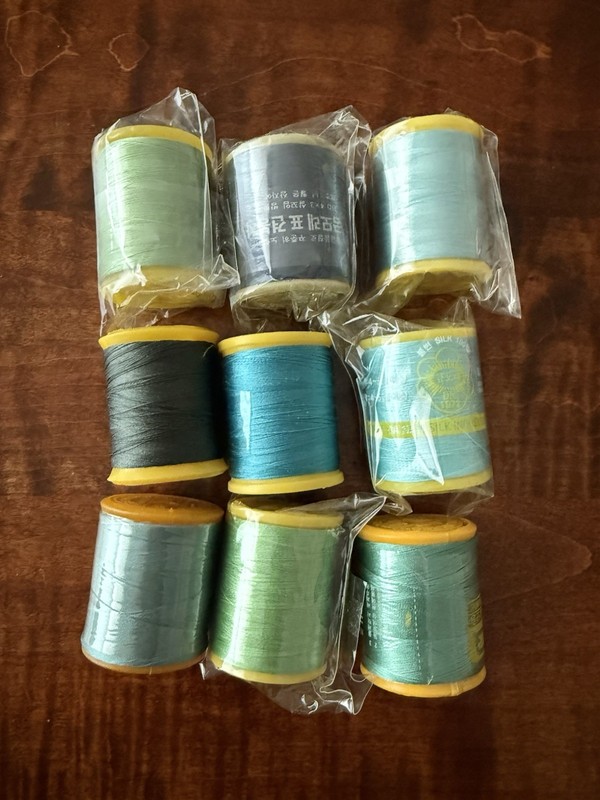 Lot Of 9 Korean 100% Silk Spools Of Thread Blue Green Colors
