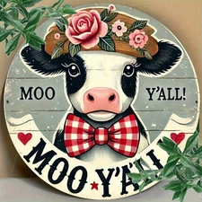 Charming Cow Metal Wall Art, 7.8-Inch Round - Perfect for Home, Cafe, Restaurant