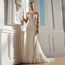 High-Neck Wedding Dresses Luxurious Full Lace Appliques Court Train Bridal Gowns