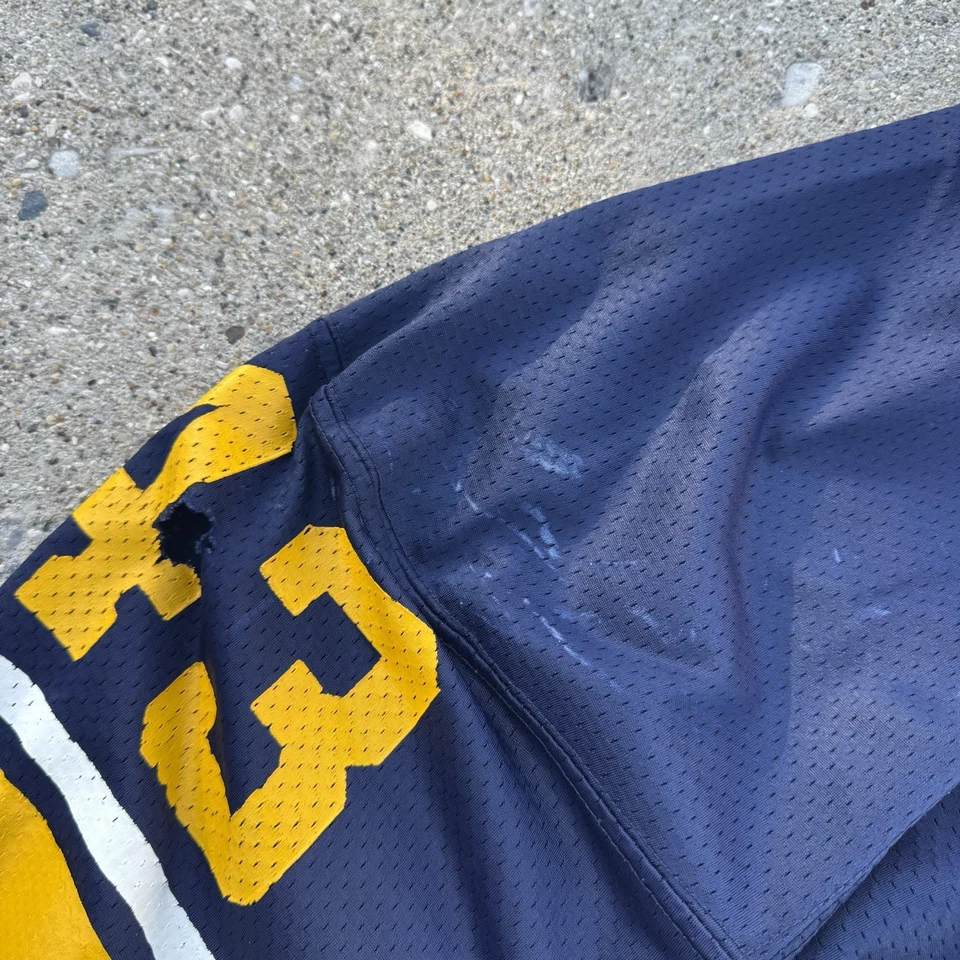 Vintage 80s Champion Trojans Mesh Nylon Navy Blue Yellow Football Jersey Size L - Image 3 of 4