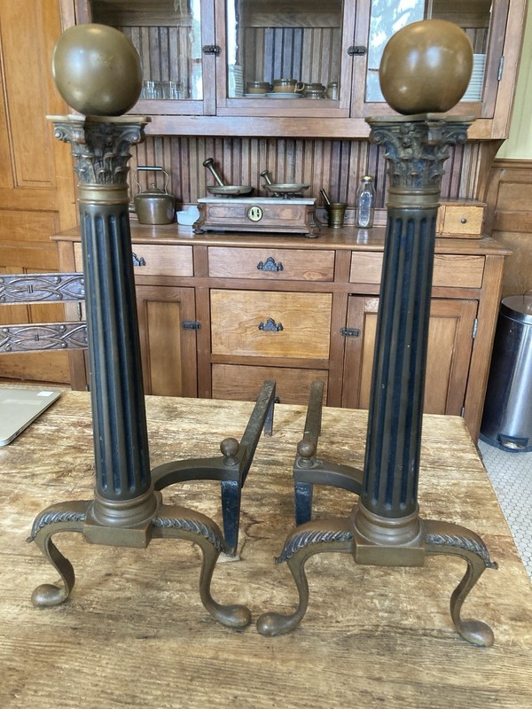 Antique Large 24 inch Cannonball Neoclassical Brass Column Andirons Firedogs