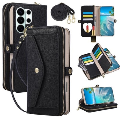 For Samsung Galaxy S26/S25/S24 Crossbody Shoulder Credit  PU Leather Mirror Case