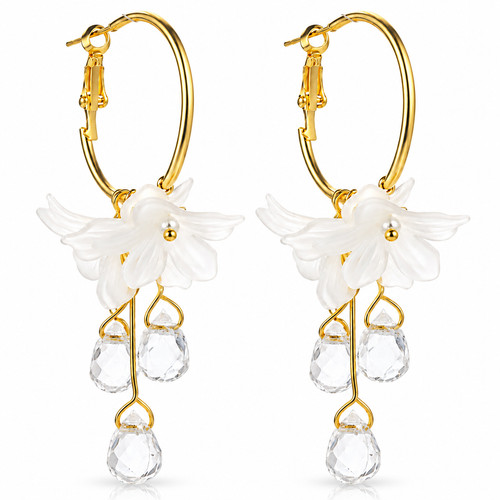Gold Flower Hoop Earrings for Women Crystal Accents Handmade Lightweight