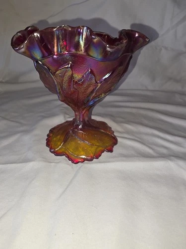 Gorgeous Vintage Imperial Carnival Glass Sunset Ruby Red Acanthus Leaf Compote